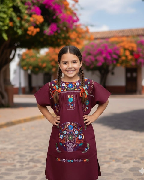 burgundy mexican dress unik Embroidered Traditional Mexican Dress (Burgundy, S)