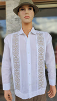 White Linen Guayabera with Gold Embroidery Long Sleeve