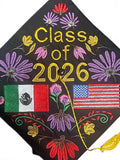Embroidered Graduation Cap Class 2026 Mexican and USA Flags