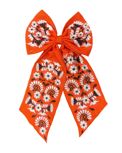 Orange White Embroidered Hair Bow