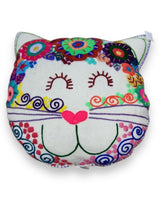 Hand Embroidered Cat Kitten Throw Pillow