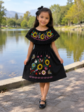 Sunflower and Lilies Girls Embroidered Dress
