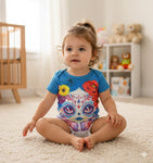 Child wearing a colorful onesie with a sugar skull design in a nursery.