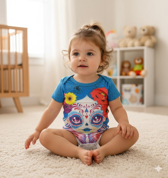 Child wearing a colorful onesie with a sugar skull design in a nursery.