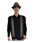 Black Guayabera with Gold Embroidery for Men Linen Long Sleeve