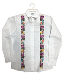 Men’s White Linen Long Sleeve Guayabera with Floral Embroidery