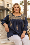 San Antonino Mexican Blouse 3/4 Sleeve Navy