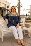 San Antonino Mexican Blouse 3/4 Sleeve Navy