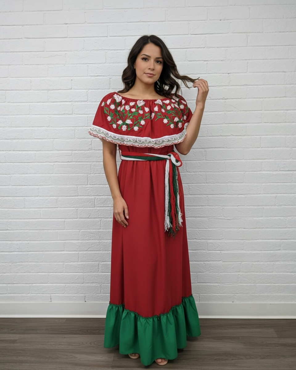 Mexican Off the Shoulder Tricolor Dress with Sash – Cielito Lindo