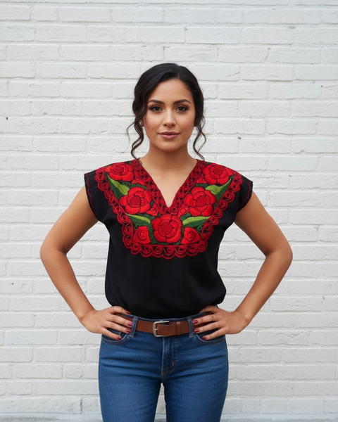 Zina Black Top with Red Embroidery Zina Black Top with Red Embroidery