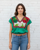 Zina Green Top with Tricolor Embroidery