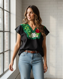 Zina Black Top with Tricolor Embroidery
