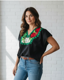 Zina Black Top with Tricolor Embroidery