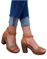 Arumi Leather Floral Embroidered Heels Camel
