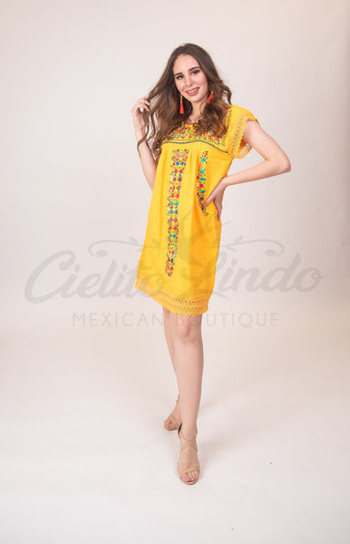 Mexican Tehuacan Dress with Lace Yellow