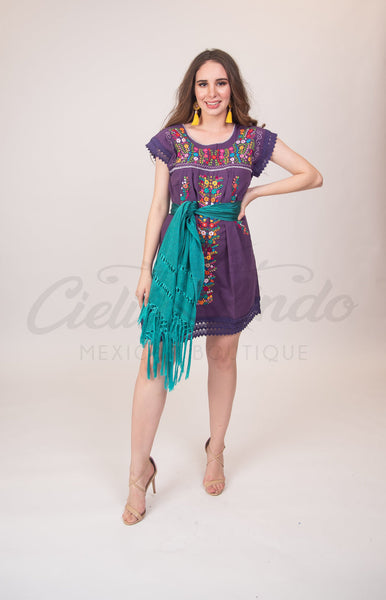 Mexican Tehuacan Dress with Lace Purple