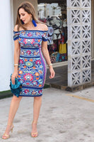 Fiesta Dress Blue Printed - Cielito Lindo Mexican Boutique