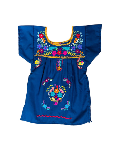 Mexican Puebla Dress for Girls Navy