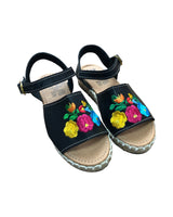 Mexican Girl Flower Black Leather Sandals