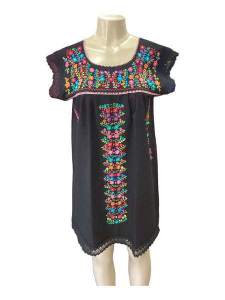 Mexican Tehuacan Dress with Lace Black