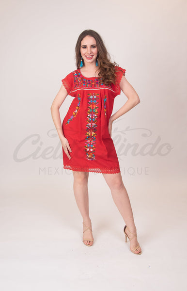 Mexican Tehuacan Dress with Lace Red