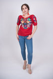 Tecali Embroidered Red Top