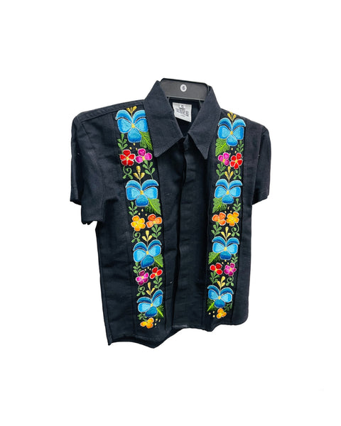 Mexican Boys Black Linen Short Sleeve Guayabera with Floral Embroidery