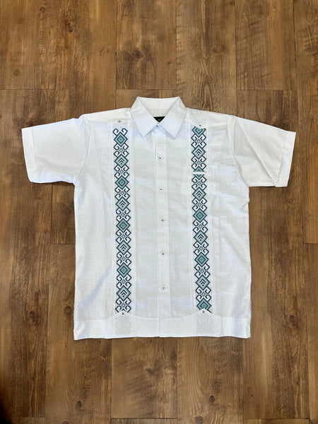 White Linen Guayabera with Teal Embroidery Short Sleeve