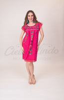 Mexican Tehuacan Dress with Lace Hot Pink