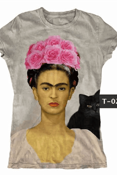 Mexican Printed T-Shirt Frida Kahlo Black Cat Graphic Tee - Cielito Lindo