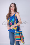 Mexican Linen Floral Embroidered Top Royal Blue