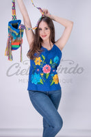 Mexican Linen Floral Embroidered Top Royal Blue