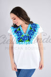 Mexican Zina Top White with Blue Flowers - Cielito Lindo