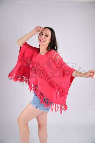 Tulum Raw Frayed Poncho Pink Coral