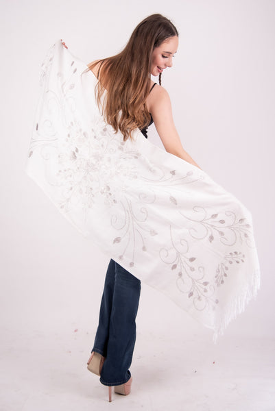 Mexican White with Silver Embroidery Shawl Chilapa