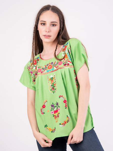 Mexican Tehuacan Full Embroidered Blouse Lime Green - Cielito Lindo