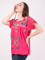 Mexican Tehuacan Full Embroidered Blouse Hot Pink - Cielito Lindo
