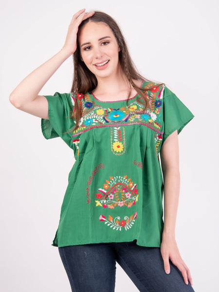 Mexican Tehuacan Full Embroidered Blouse Green - Cielito Lindo