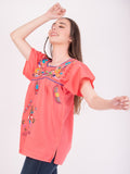 Mexican Tehuacan Full Embroidered Blouse Coral - Cielito Lindo