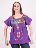 Mexican Tehuacan Full Embroidered Blouse Purple - Cielito Lindo
