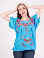 Mexican Tehuacan Full Embroidered Blouse Blue