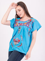 Mexican Tehuacan Full Embroidered Blouse Blue - Cielito Lindo