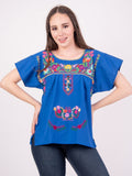 Mexican Tehuacan Full Embroidered Blouse Royal Blue - Cielito Lindo