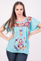 Mexican Tehuacan Full Embroidered Blouse Mint