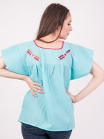 Mexican Tehuacan Full Embroidered Blouse Mint - Cielito Lindo