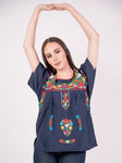 Mexican Tehuacan Full Embroidered Blouse Navy - Cielito Lindo