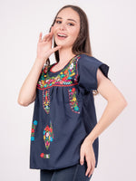 Mexican Tehuacan Full Embroidered Blouse Navy