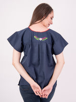 Mexican Tehuacan Full Embroidered Blouse Navy