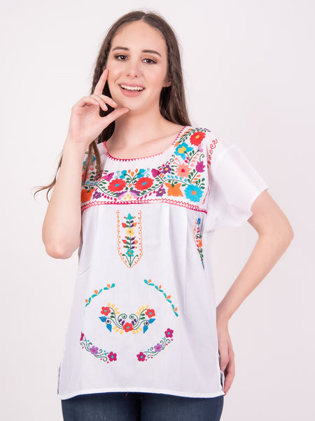 Mexican Tehuacan Full Embroidered Blouse White - Cielito Lindo