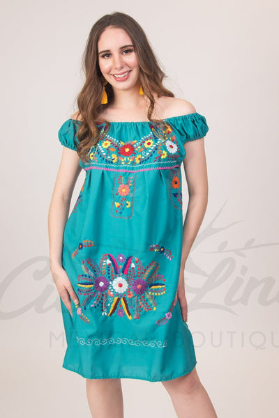 Mexican Floral Embroidered Off the Shoulder Dress Evelia Teal - Cielito Lindo